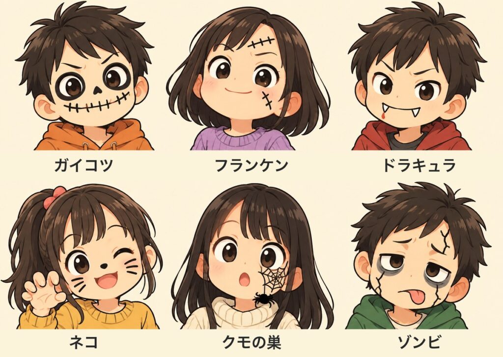顔にペンで落書きした子ども6人のイラスト。ガイコツ、フランケン、ドラキュラ、ネコ、クモの巣、ゾンビの描き方の例